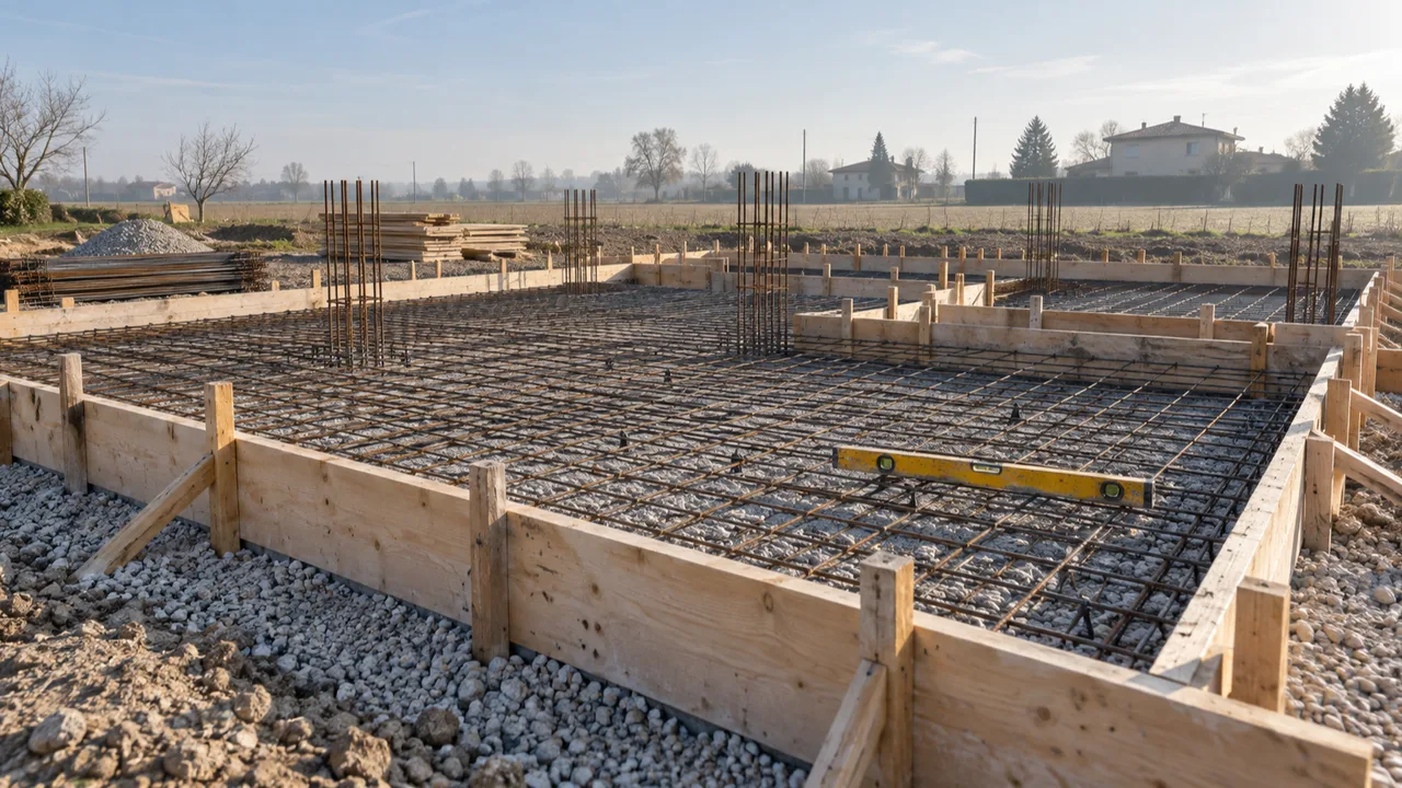Casseri e armatura delle fondazioni di una casa unifamiliare in costruzione in pianura — progettazione casa modena