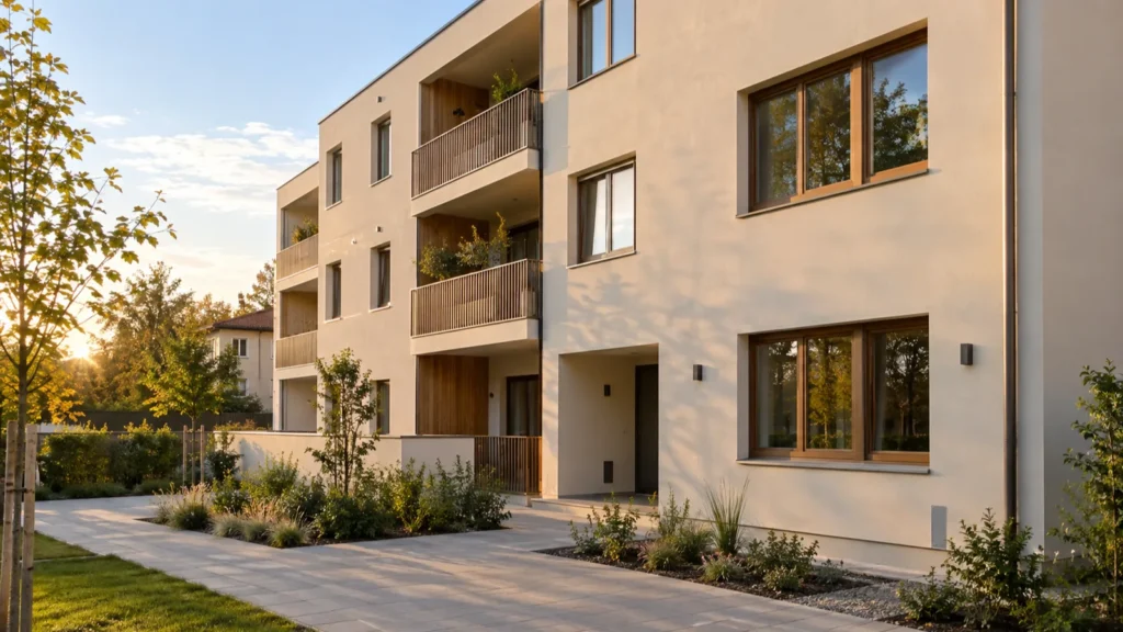 Edificio residenziale ultimato a Modena, con facciata chiara e serramenti nuovi, pronto per l'agibilità