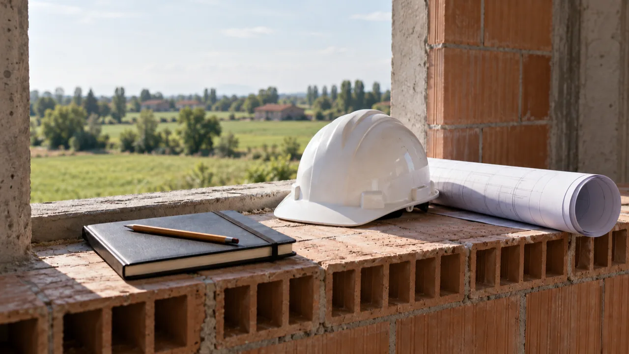 Diario di cantiere, casco ed elaborati su un davanzale durante la direzione lavori