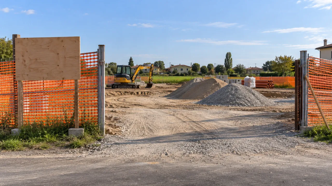 Ingresso di un cantiere residenziale in pianura all'avvio dei lavori con recinzione e area di stoccaggio