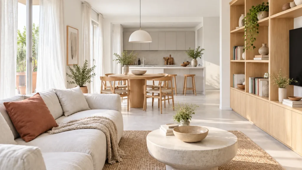 Soggiorno con cucina a vista e arredo su misura in legno chiaro, progetto di interior design a Modena
