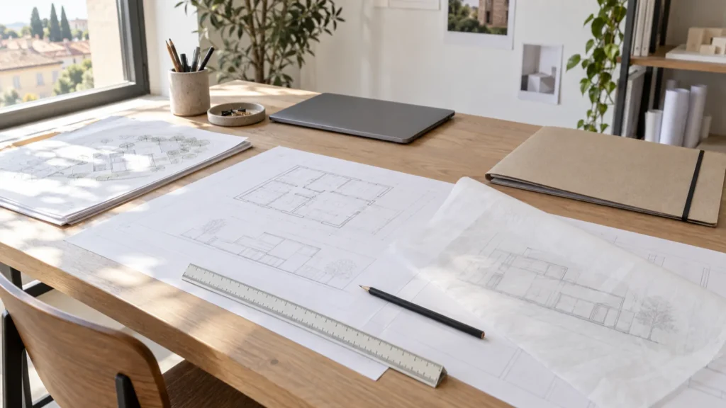 Elaborati grafici e cartelline di una pratica edilizia sul tavolo di uno studio di architettura