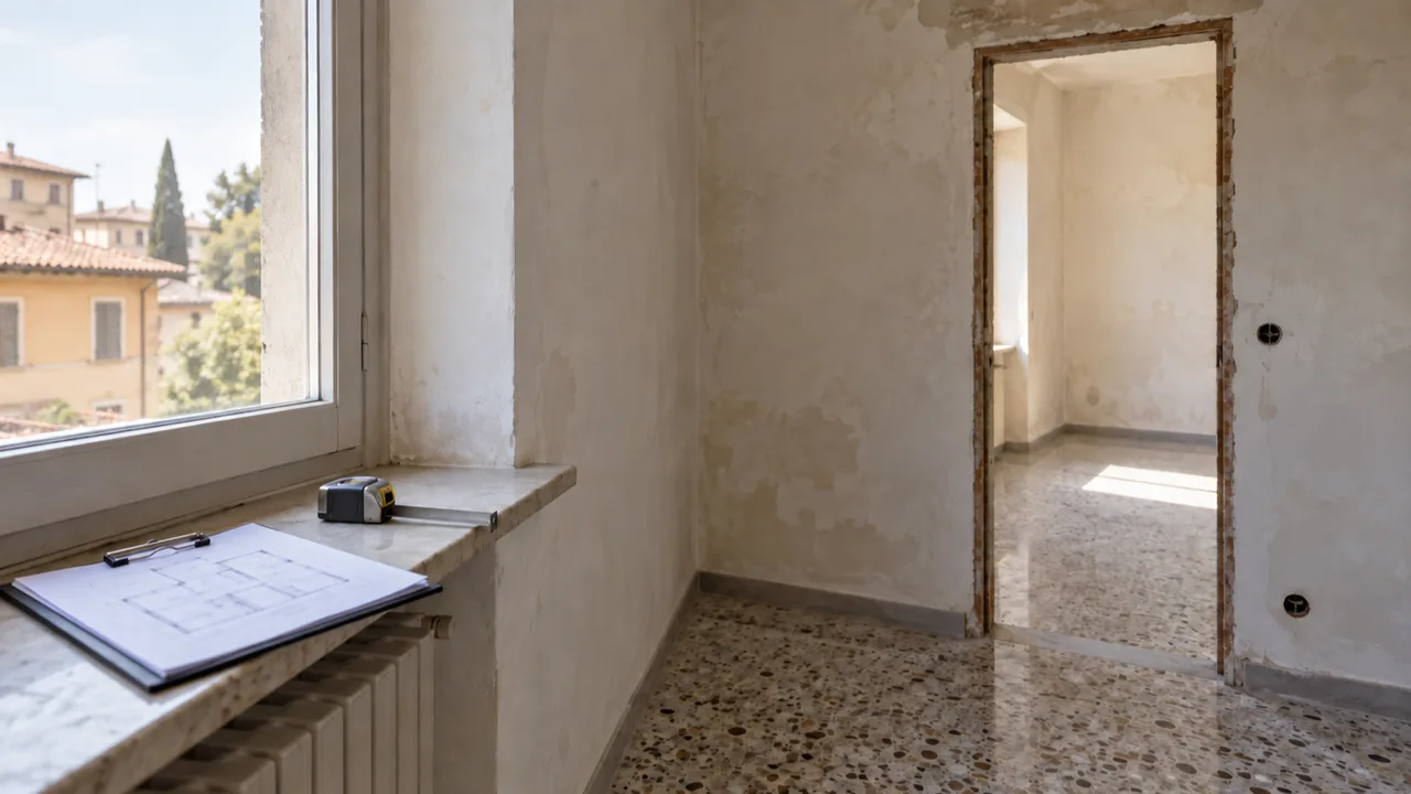 Rilievo dello stato di fatto di un appartamento con planimetria e metro per verificare una difformità