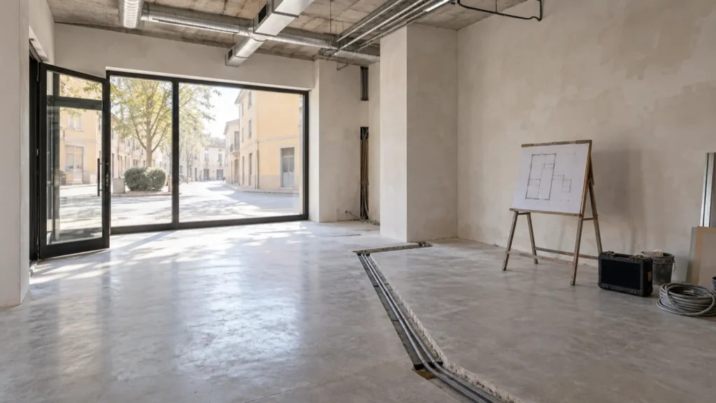 Locale commerciale vuoto in ristrutturazione con vetrina, pareti intonacate e tracce impiantistiche