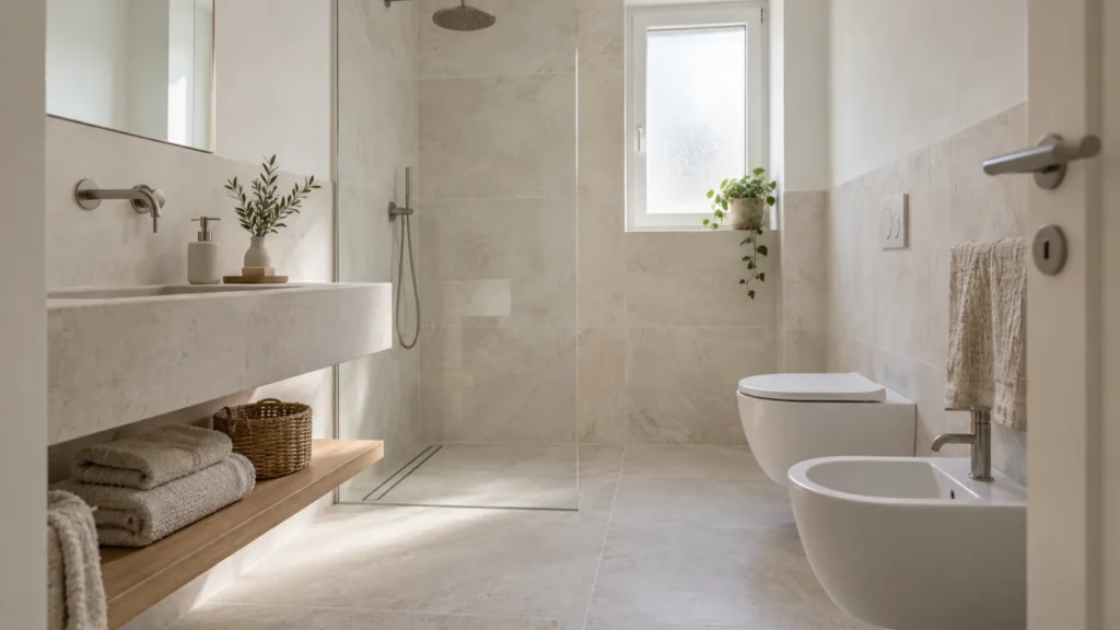 Bagno ristrutturato a Modena con doccia a filo pavimento, rivestimento chiaro e sanitari sospesi