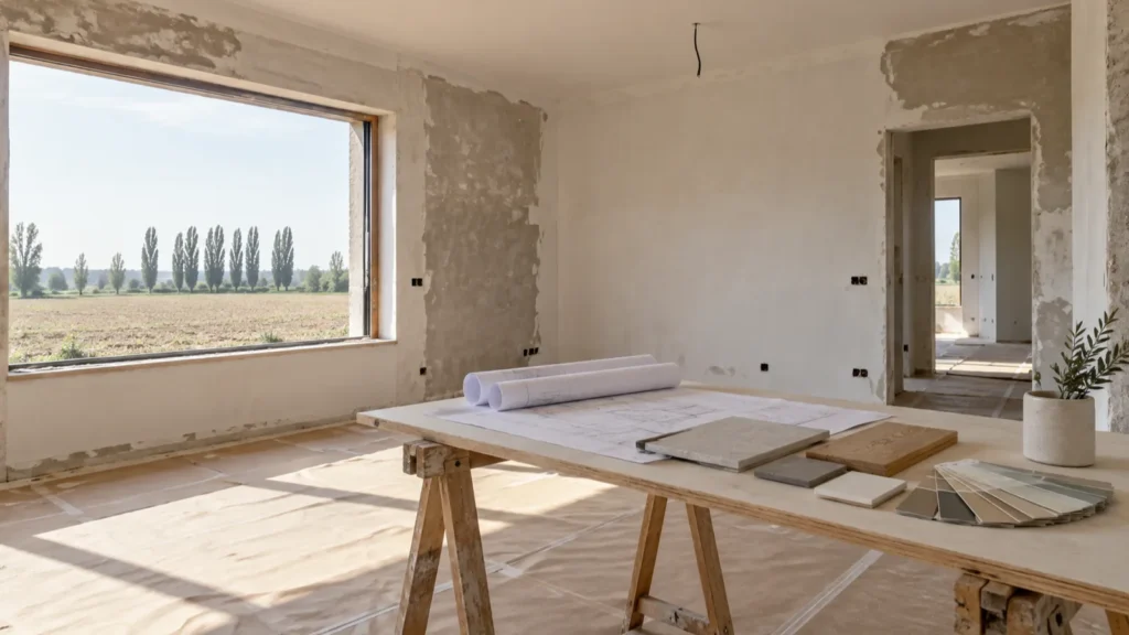 Soggiorno in ristrutturazione a Modena con pareti intonacate, disegni di progetto e campioni di materiali su un tavolo