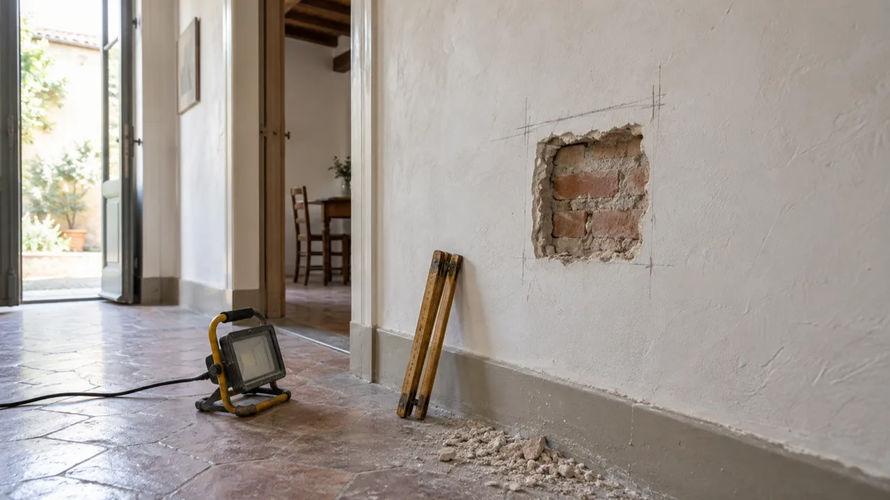 Saggio nell'intonaco di una parete per verificare la muratura prima di ristrutturare casa — ristrutturazione casa modena