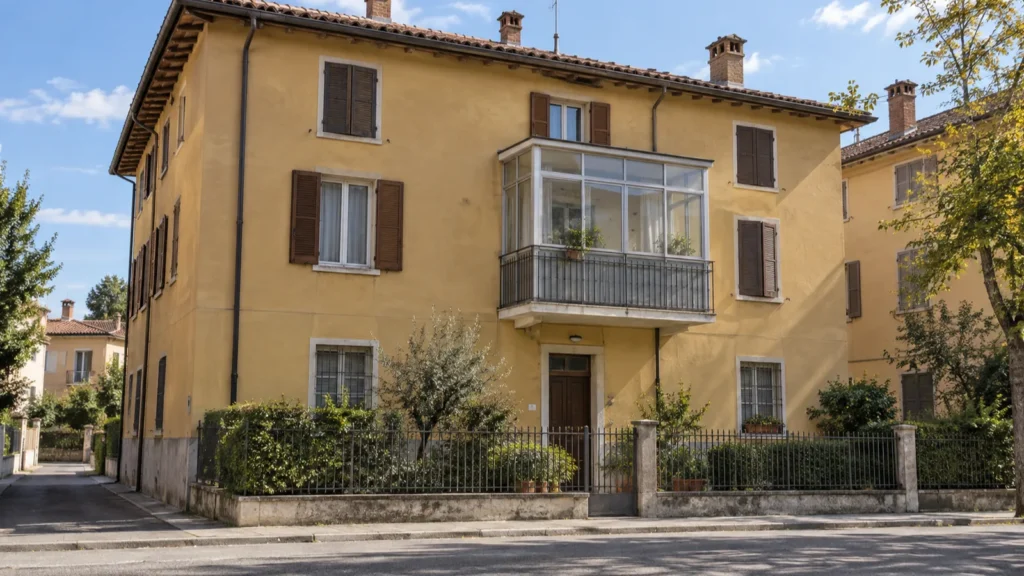 Palazzina residenziale emiliana con balcone chiuso a veranda, un caso tipico di difformità edilizia