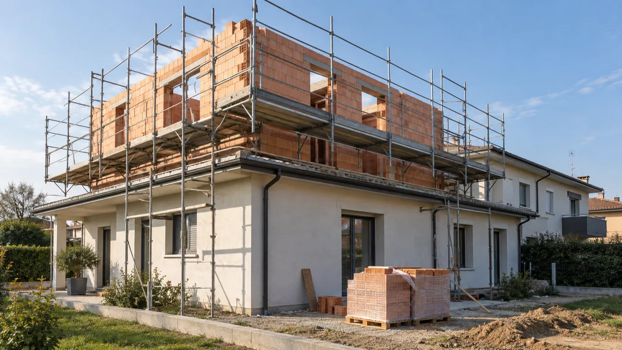 Sopraelevazione in corso su una casa bifamiliare con ponteggio leggero e nuovo piano in laterizio