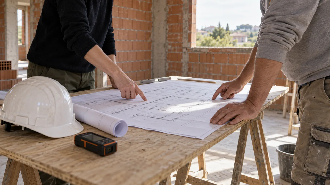 Sopralluogo in cantiere tra architetto e impresa con il progetto steso su un tavolo di